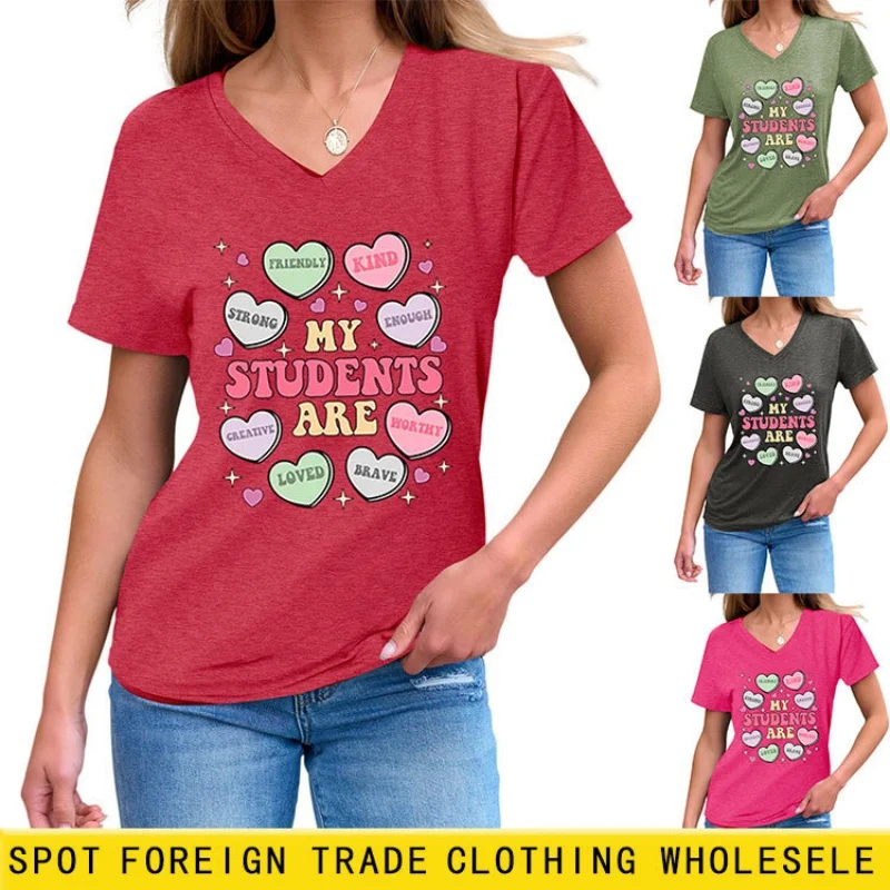 

Summer V-neck short-sleeved t-shirt for women with cute heart pattern. A unique and slimming top.