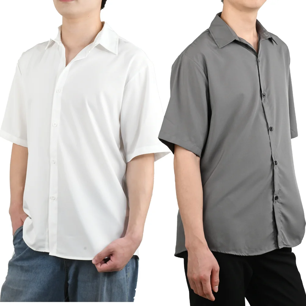 

Men's Ice Silk Short Sleeved Shirt Loose Korean Fashion Comfortable Casual Classic Single Breasted Solid Color Shirt
