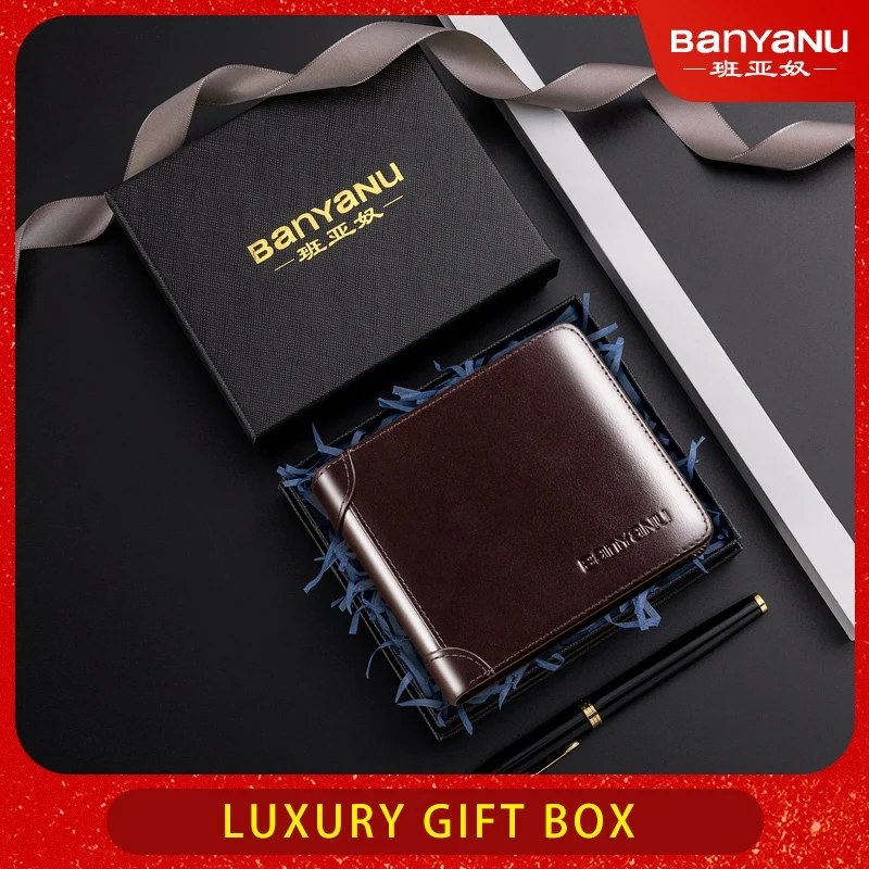 

【Genuine Cow Leather】BANYANU Ultra-Slim Men's Wallet Tri-Fold Short RFID Blocking with Card Holder and ID Window, with Gift Box