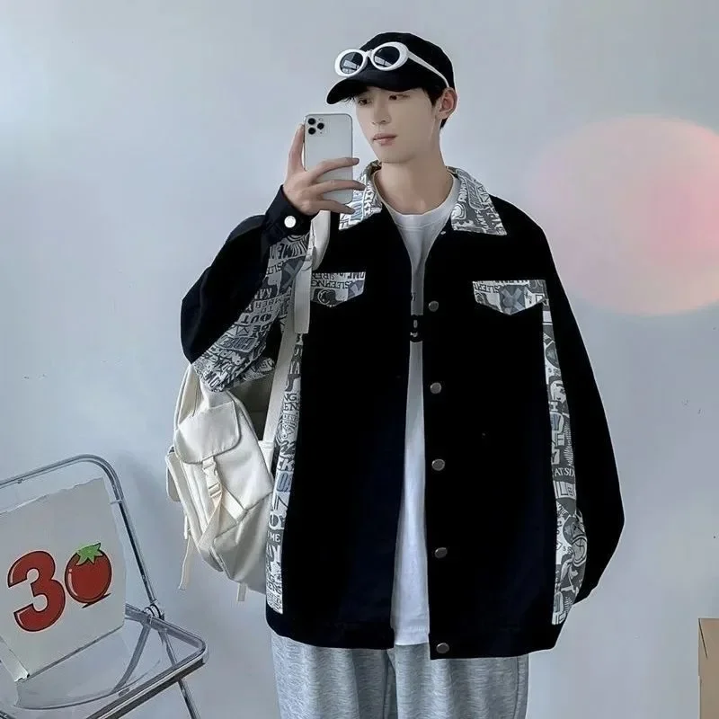 

Свободные джинсовые куртки с принтом, мужская брендовая корейская популярная одежда, роскошная модная эстетичная мода, ковбойское пальто Y2k для мужчин