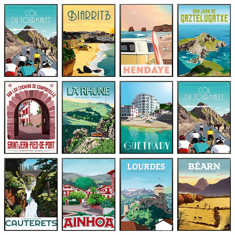 Vintage Reise Poster Baskische Bajonne Land Leinwand Gemälde und Drucke Nordic Wand Kunst Bilder Wohnzimmer Schlafzimmer Wohnkultur