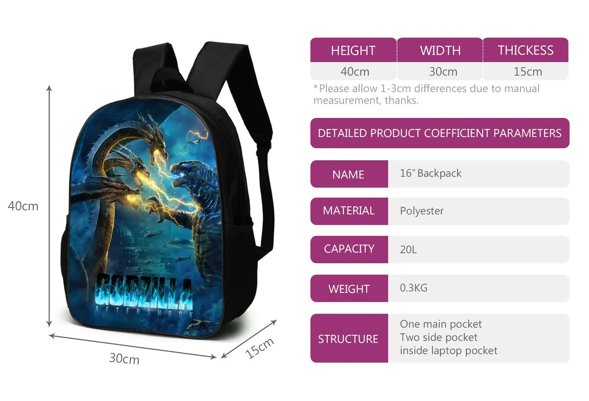 New Anime Bag Godzilla Backpack Anime Figures Kids School Bags Big Capacity King Kong Travel Bag Girls Boys Childrens Men Women