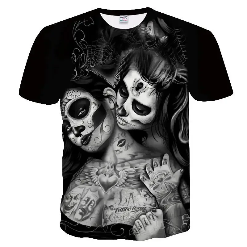 Men's skull print and beauty summer T-shirt, quick drying shirt, hip-hop, 3D print, personalized collar, short sleeved, fashiona
