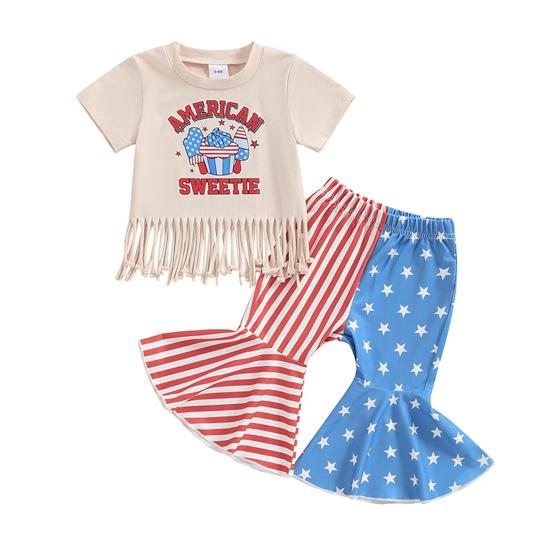 

Kid Girls Pants Set Short Sleeve Popsicle Letters Print T-shirt with Stars Stripes Flare Pants 4th of July Clothing