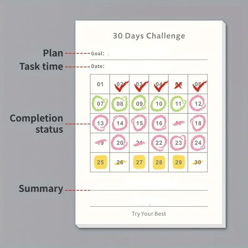 30 Day Self-Discipline Checklist Planner Daily Challenge Notepad Self-adhesive Memo Pads Mini Pocket Checklist Writing Pads