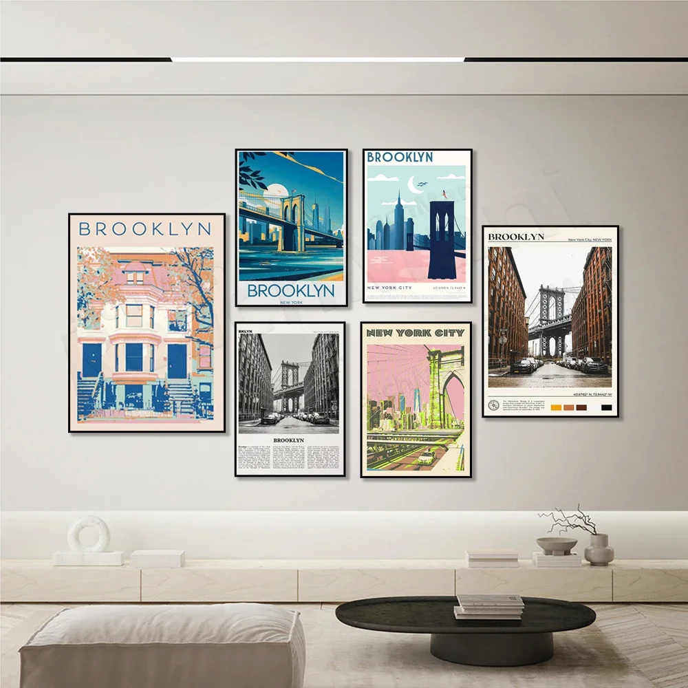 Винтажный Бруклинский фото и ночной вид холст печать-Нью-Йорк Городской Пейзаж Настенный декор плакат