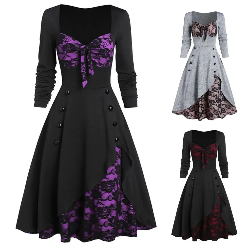 

Stylish Female Dress 4 Colors Lace Stitching Polyester Skin-friendly Comfortable Party Dress Lady Dress Button Design