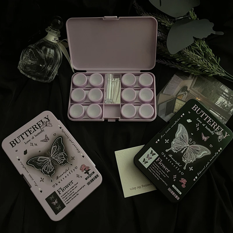 علبة عدسات لاصقة على شكل فراشة مبتكرة، صندوق عدسات عين التجميل المحمول مع مرآة وملاقط #1