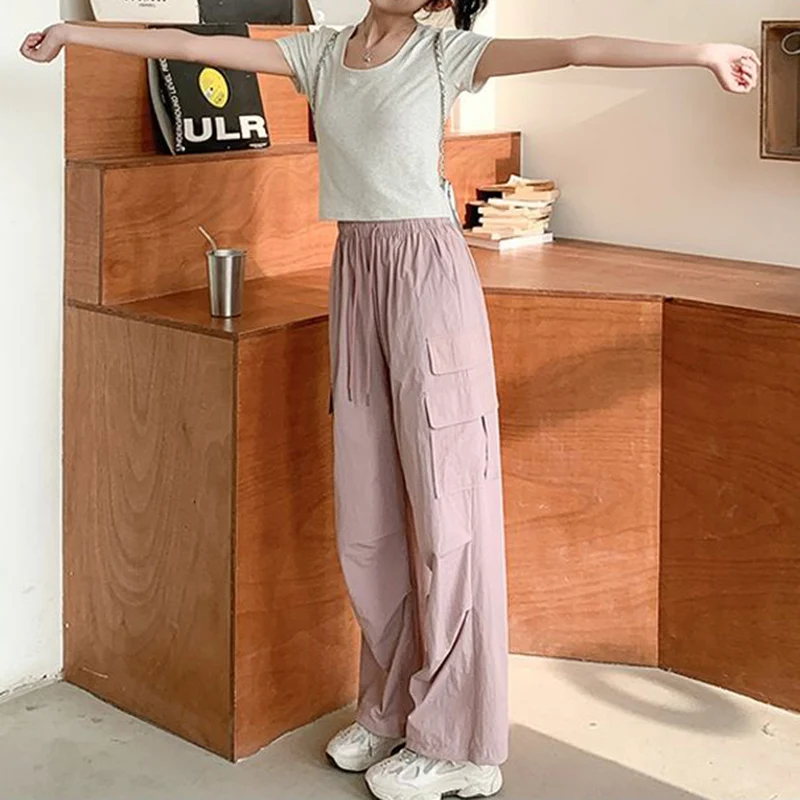 Lady Chic Pink High Waist Cargo Pants Girls Korean Fashion Daily Pants Women Loose Fit Quick Drying Trousers
