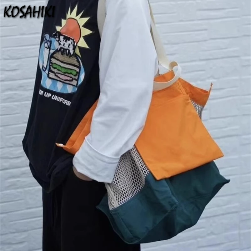 

Patchwork Contrast Color Mesh Shoulder Handbags Women Vintage Y2k Aesthetic Underarm Bag Fashion Hollow Out Both Sides Tote Bags
