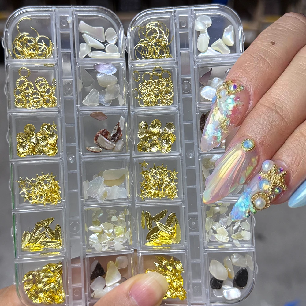 

12Grids Abalone Shell Starfish Ocean Nail Art Charms 3D Metal Rivet Studs Shell Flakes Nail Jewelry Parts Sea Conch Nails Decora