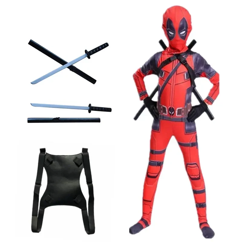 Kids Deadpool Bodysuit Superhero Cosplay Jumpsuit Suit Boys Fantasy Movie Character Peter Parker Dress Up Mask Costume  fencing