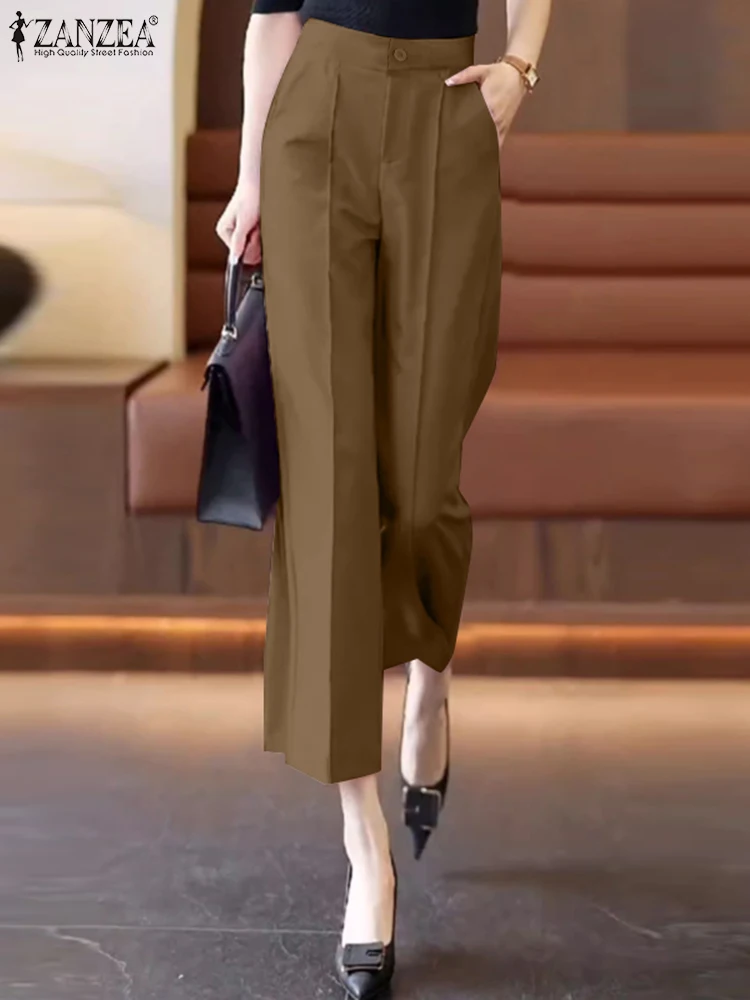 Office Lady High Waist Pantalones ZANZEA Women Pockets Long Pants Casual 2024 Autumn Cropped Trouser Vintage Solid Straight Pant