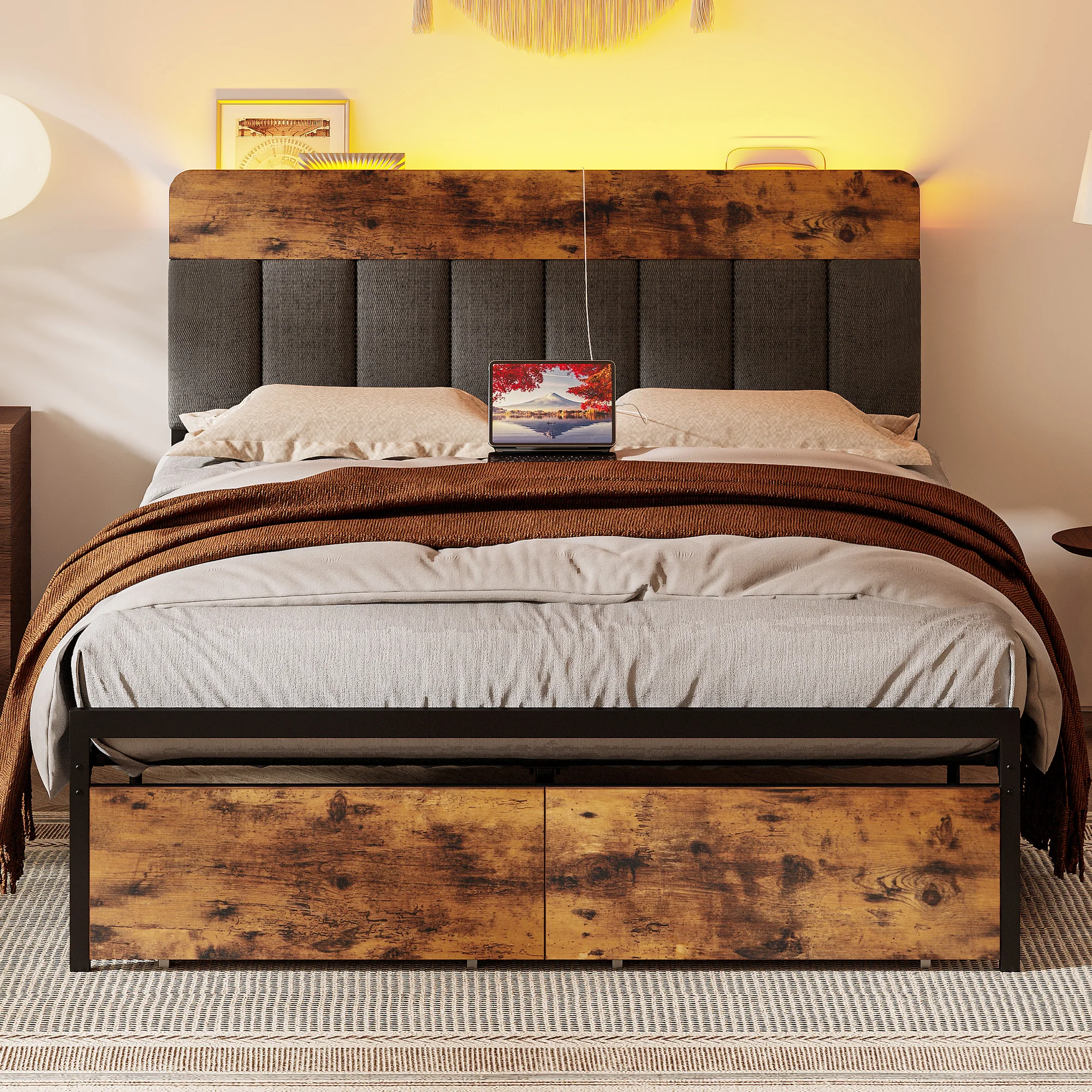 LIKIMIO Queen Bed Frame Queen with Storage Headboard, Charging Station&LED, 2 Drawers, Bedroom, Wood&Metal, Solid Stable,