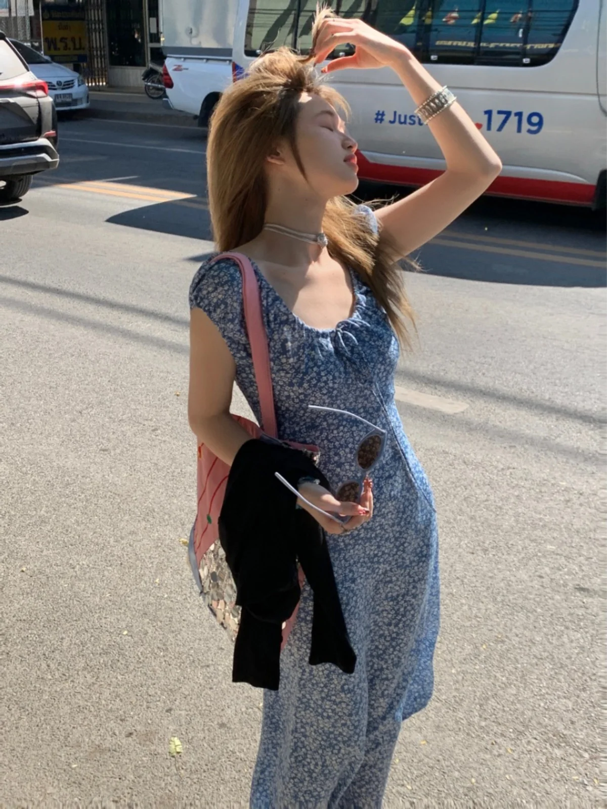 

Blue Floral Print Puffy Sve Long Dr Dstring Waist Slimming Design Korean Sle Commute A-Line Skirt Maxi Dr