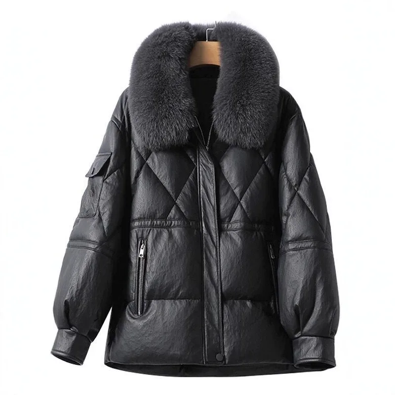 Women Solid Color Faux Leather Down Jacket Fox Fur Collar Zip Up Snap Fasten Quilted Coat Loose Fit Outerwear Casual