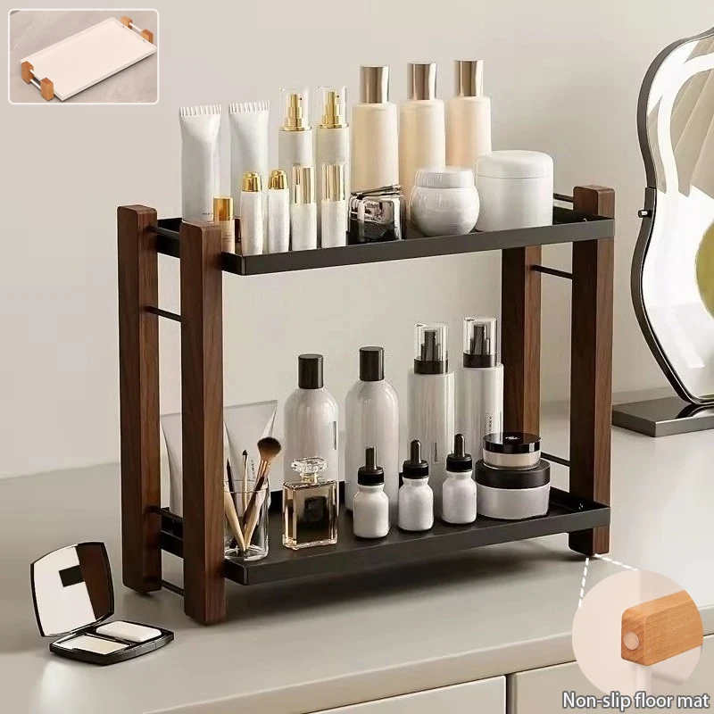 Potable Wood Cosmetic Holder Non-slip Bottom Floor Type Double Countertop Seasoning Bottle Storage Shelf Organizador De Cocina