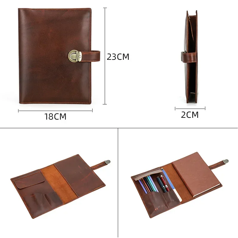 Genuine Leather A5 Notebook Cover With Locking Buckle Pen Slot Journal Notebook Pencil Cute Stationery Office School Supplies