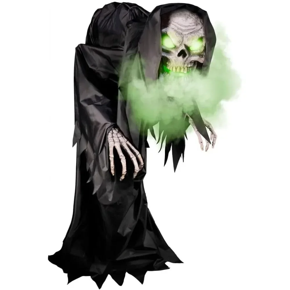 Motion-Activated Hunched Skeleton Reaper by Tekky, Talking Scare Prop Animatronic for Indoor or Covered