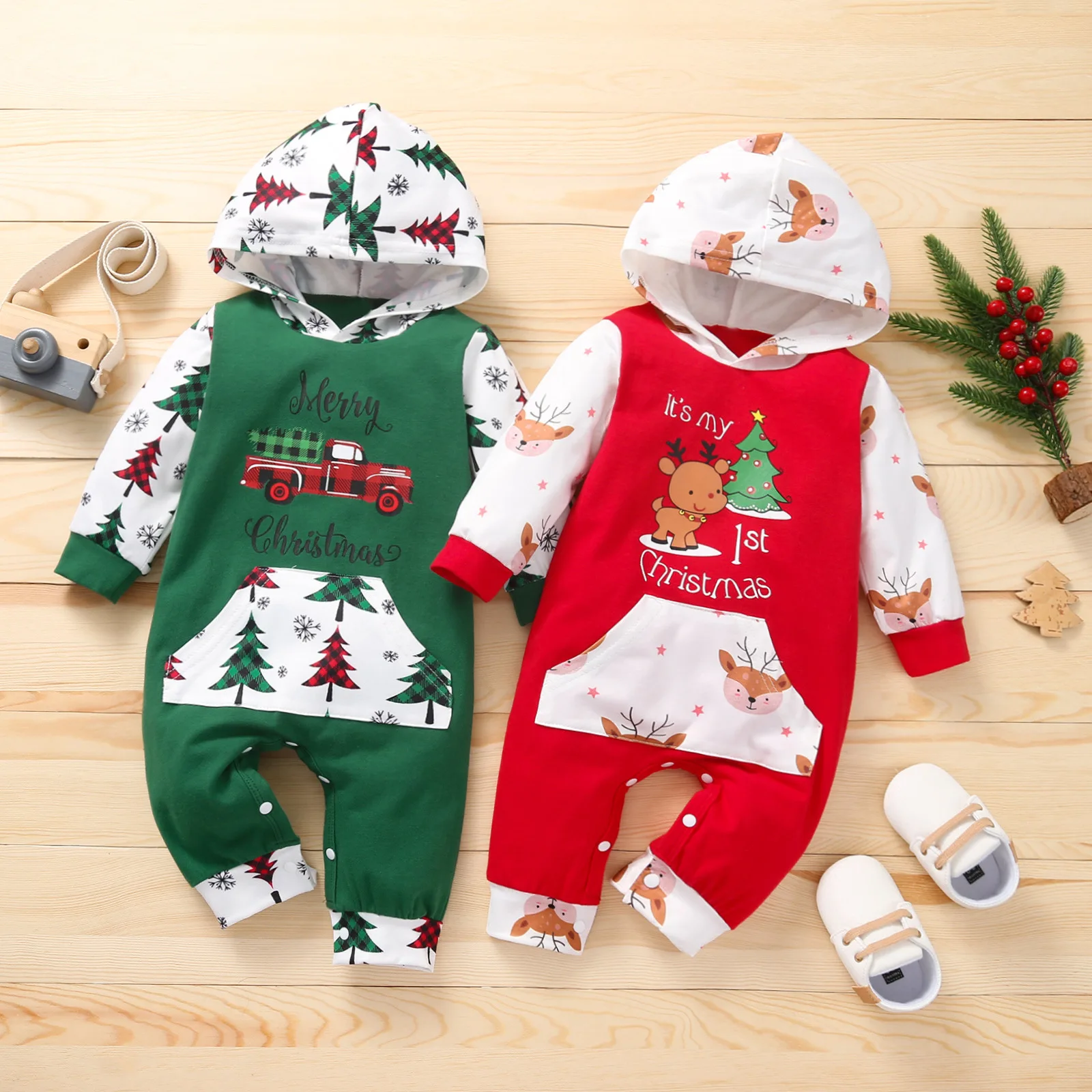 

Infant Baby Clothing Set Christmas Hooded Crawling Suit Green Red Toddlers Party Costume Cotton Long Sleeve Print Jumpsuit