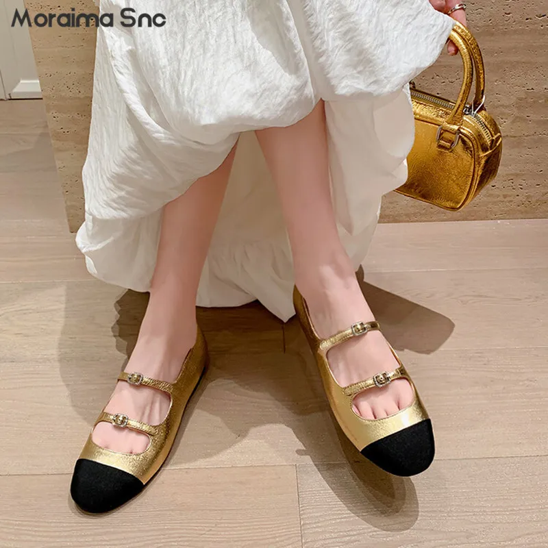 

Color-Blocked Sheepskin Mary Jane Shoes Round-Toe Belt Buckle Flat Shoes Full Leather Flat-Top Buckle Fashionable Women's Shoes