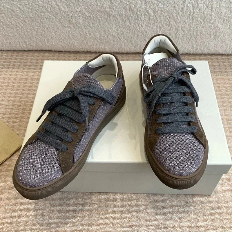 

Women String Bead Decor Sneakers Knitted Stretch Mixed Colors Lace Up Flat Shoes Four Seasons Versatile Casual Shoes Board Shoes