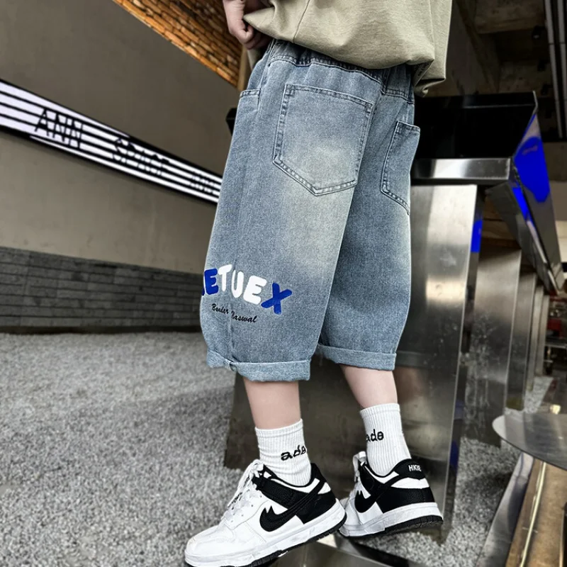 Youth Children's Clothing Summer Loose Wide Leg Printed Shorts Korean Five-Point Denim Pants Casual Versatile Pants4-15 Years