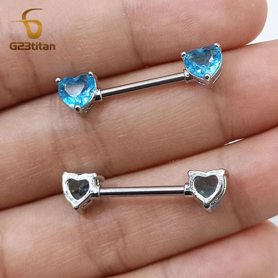 G23titan 2pcs Double Heart Zircon Nipple Rings 14G Titanium Or Steel Barbell Women Nipple Piercing Summer Jewelry Sexy Accessory