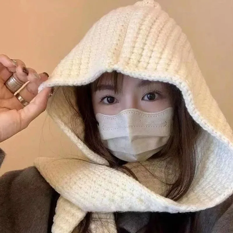 

Thickened Knitted Scarf Hat Two-In-One Ear Protection for Women Autumn Winter Warm Hat Scarf Integrated Design Fashion Accessori