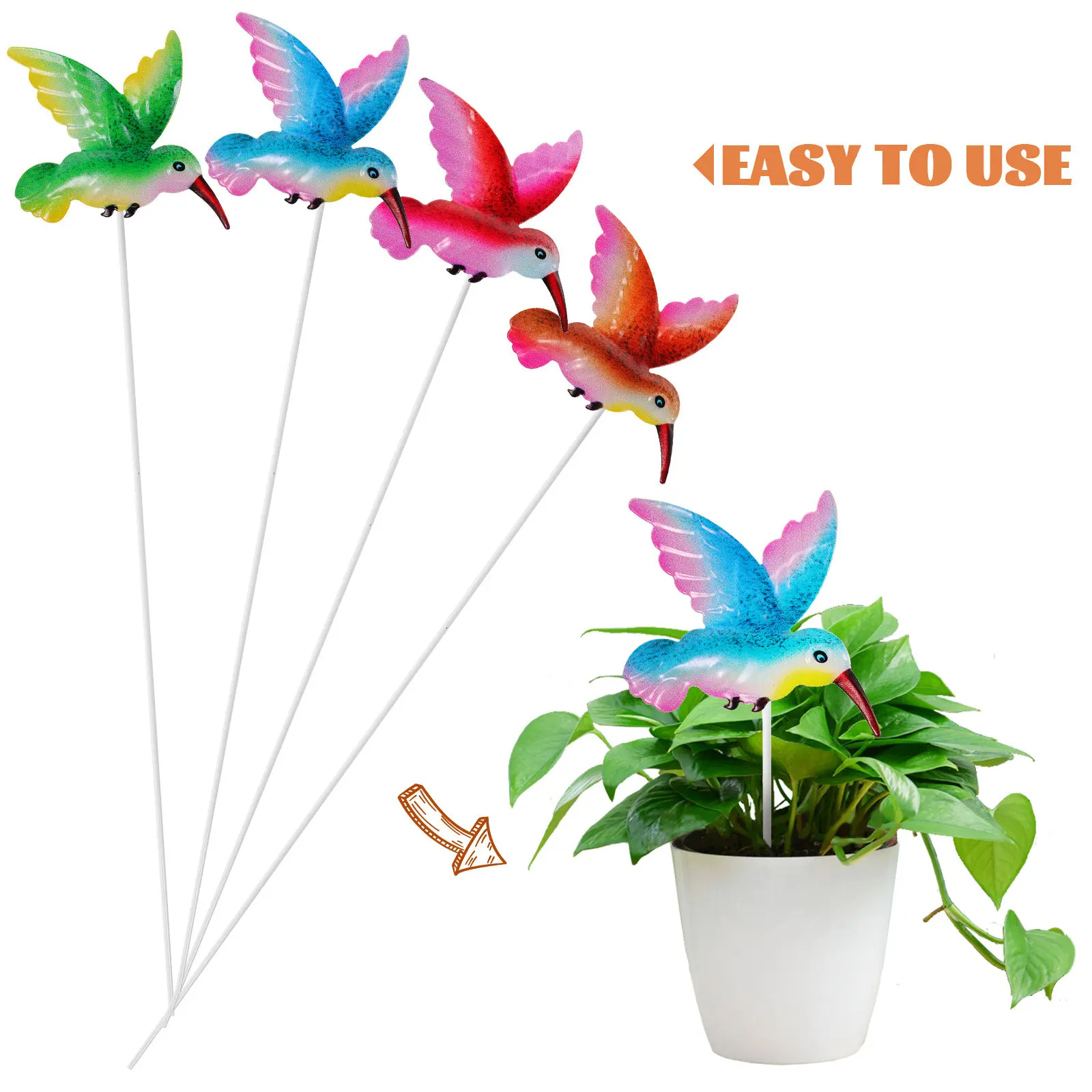 4Pcs Garden Stakes Iron Decorative Simulation Hummingbird Decor Lawn Ornaments Outdoor Metal Hummingbird Sculpture
