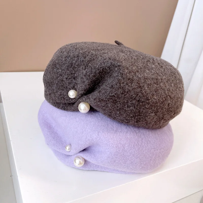 Original high-end Australian wool beret for women Autumn-Winter Warm French pearl button bud hat chic chic painter hat