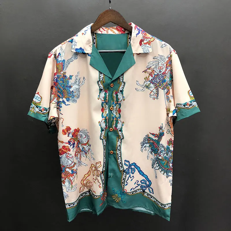 Summer Men Hawaiian Shirts Streetwear Vintage Paneled Contrasting Animal Print Beach Shirt Hip Hop Casual Tropical Holiday Tops