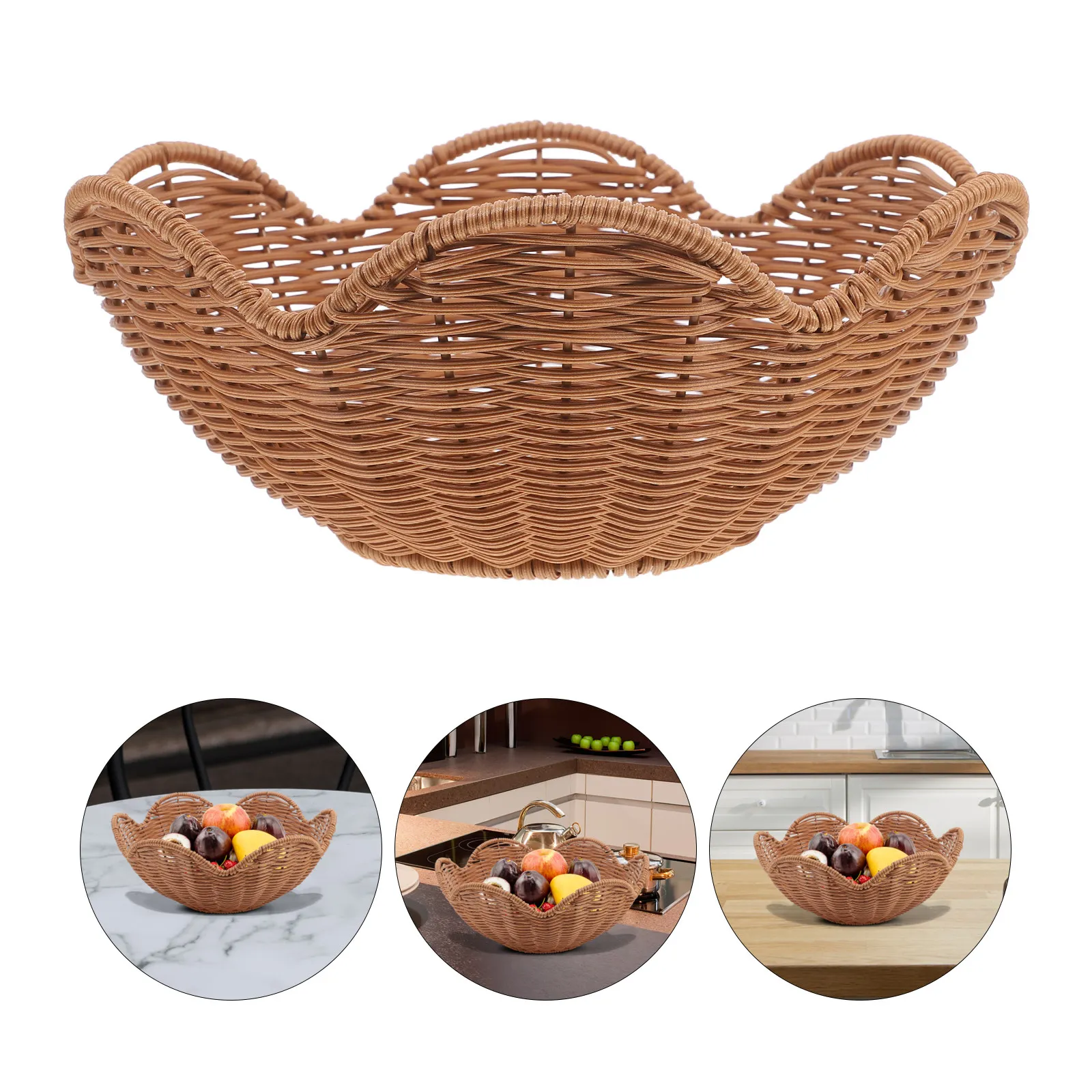 Flower Shaped Woven Fruit Basket Imitation Rattan Food Serving Tray for Kitchen Counter Desk Display Storage Decorative Fruit