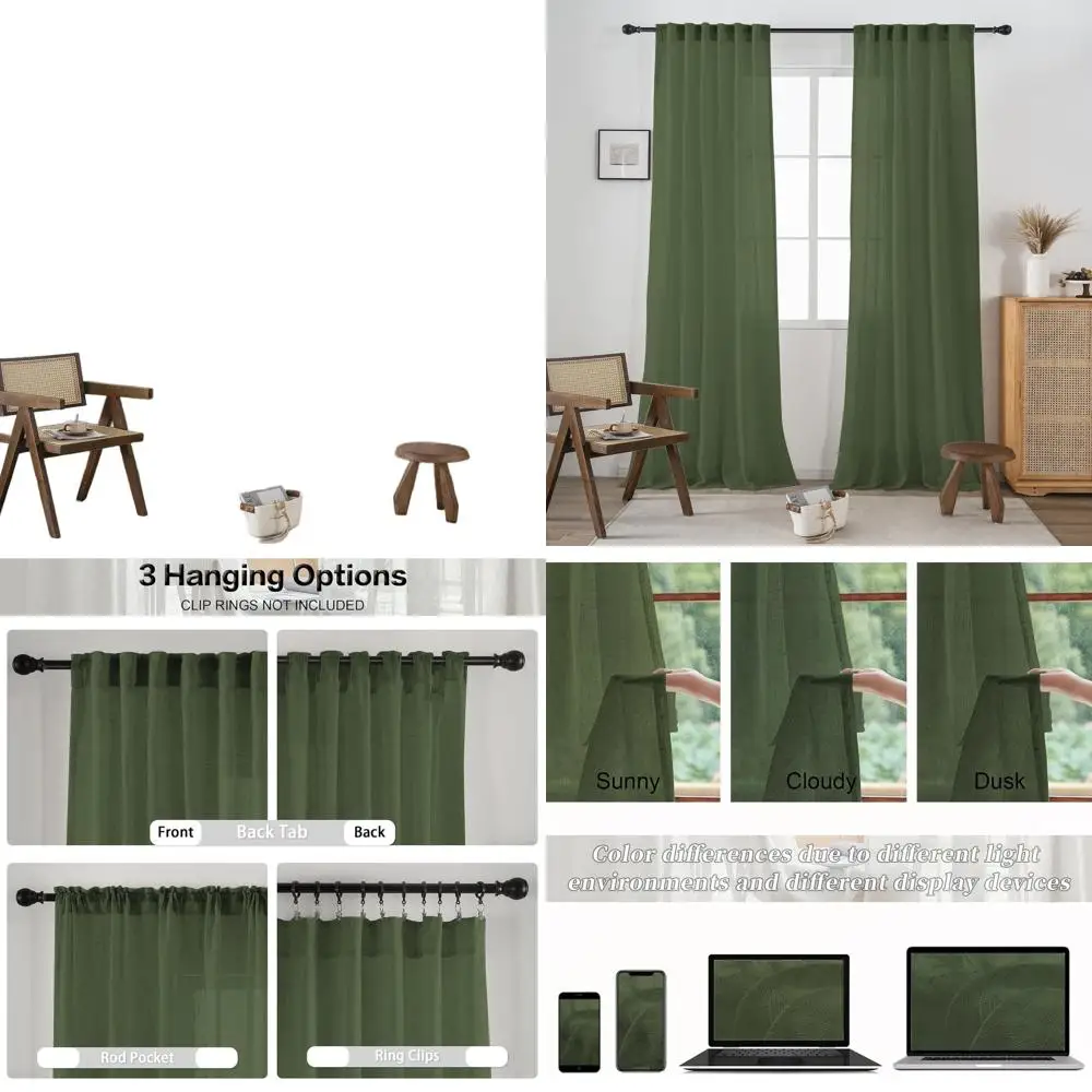 

Удлиненные льняные шторы шалфейного зеленого цвета, 52x108, комплект из 2 панелей для больших окон с фильтрацией света и дизайном задней панели