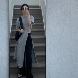 Dress Women Solid Bandage Asymmetrical Side Slit Chic Midi Dress Streetwear Simple Lace Up Casual A Line Slim Sundress