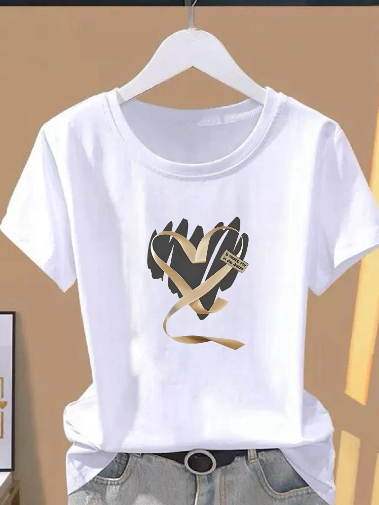 

Повседневная женская футболка с коротким рукавом и принтом в виде сердечек, свободного кроя, с круглым вырезом, модная одежда для мам, летний топ из полиэфирного волокна