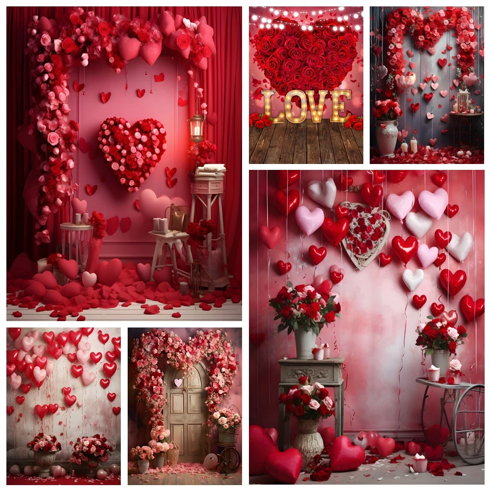 

February 14 Valentine's Day Backdrop Red Rose Flower Love Heart Balloon Wood Floor Wedding Portrait Photography Background Decor