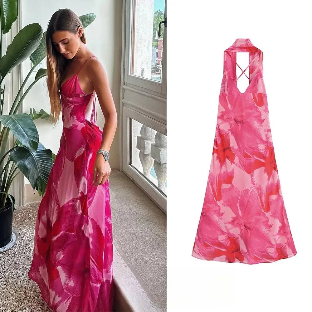 KONDALA Sexy Blumendruck Langes Kleid Damen V-Ausschnitt Rückenfrei Schal Cami Kleid Mode 2025, Urlaub Strand Party Kleid Elegantes Kleid