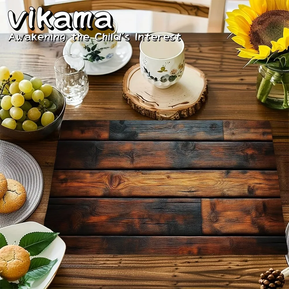 

VIKAMA 4-Piece Vintage Wood Grain Placemat Set Heat-Resistant, Easy-Clean Kitchen Table Mats Machine Washable Material