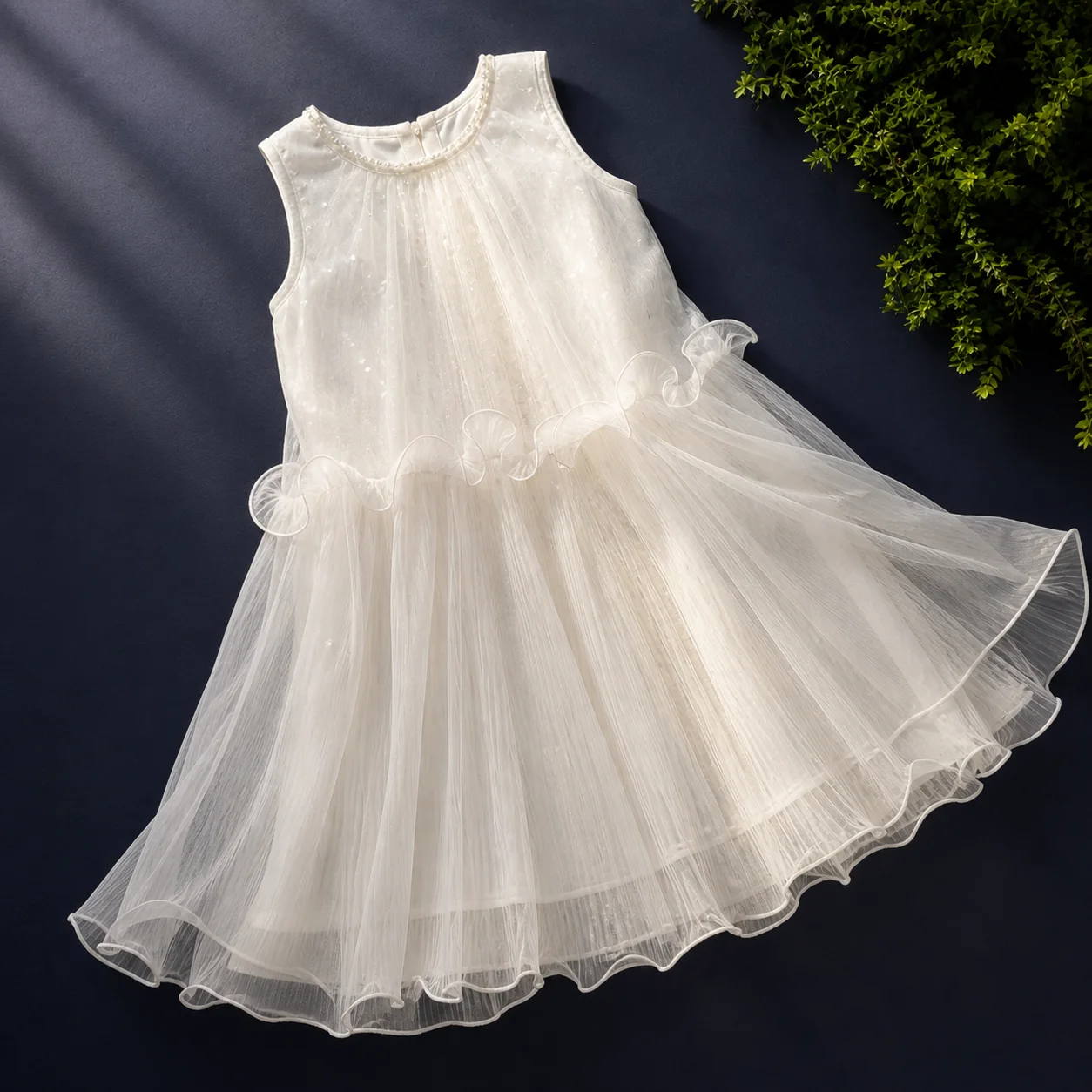 Kids Dresses For Girls White Tulle Sequin Pearl Neck Ruffle Princess Dresses Elegant Birthday Party Wedding Pageant Kids 6-13 Y