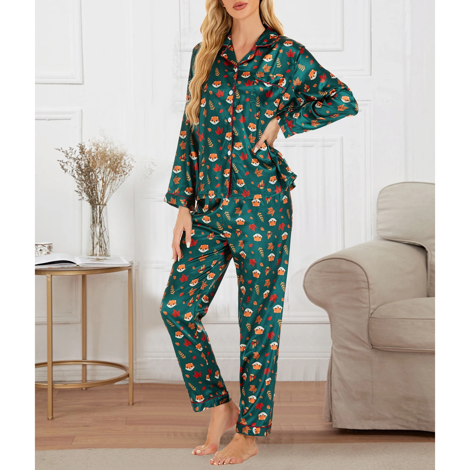 HEZIOWYUN-Conjunto de pijama de satén para mujer, ropa de dormir de 2 piezas con estampado integral de Luna y corazón, top de manga larga con cierre de botones y pantalones