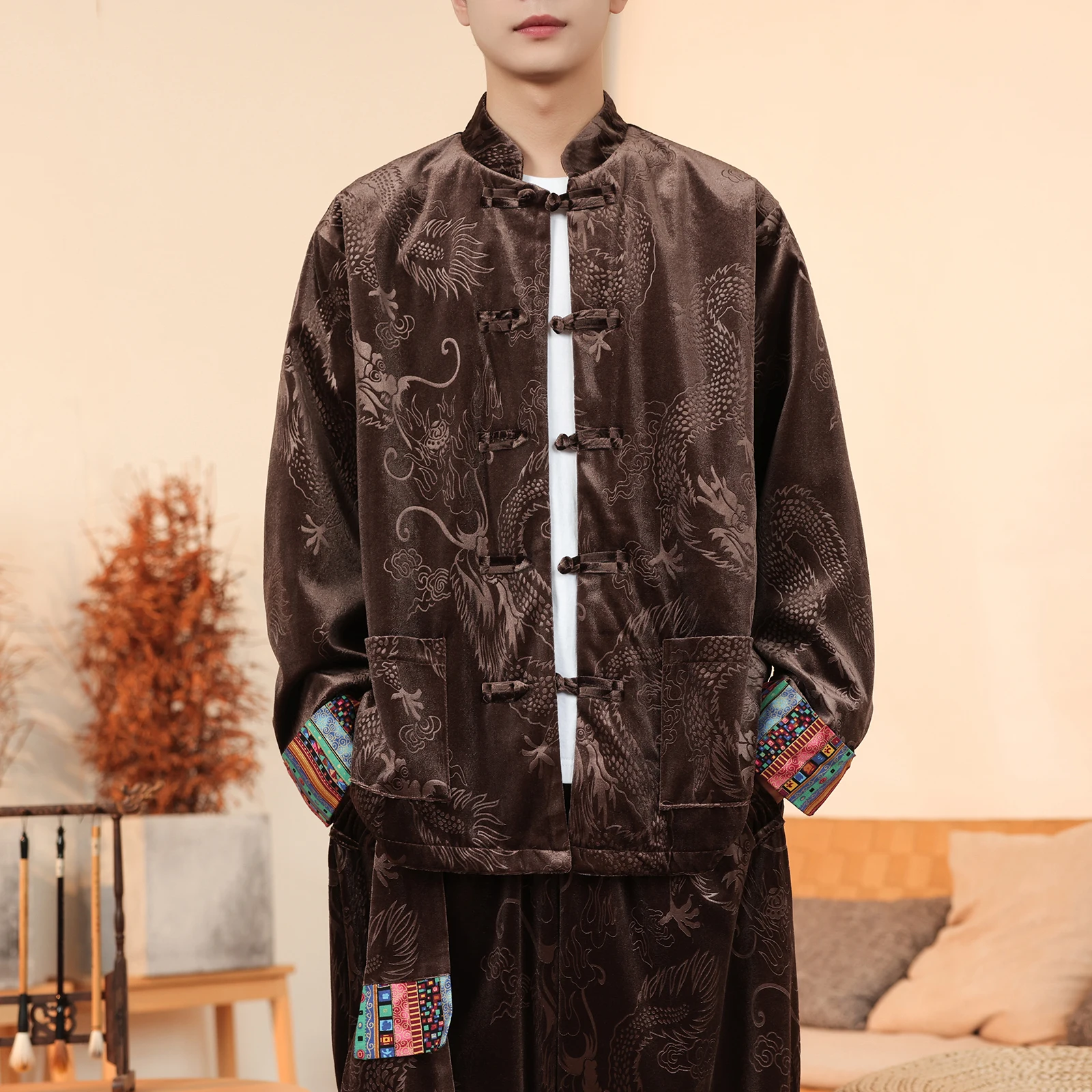 

Бархатная куртка, мужские рубашки в китайском стиле с принтом дракона, мужские традиционные костюмы Тан, кунг-фу, тай-чи, повседневные рубашки в стиле ретро, одежда для мужчин