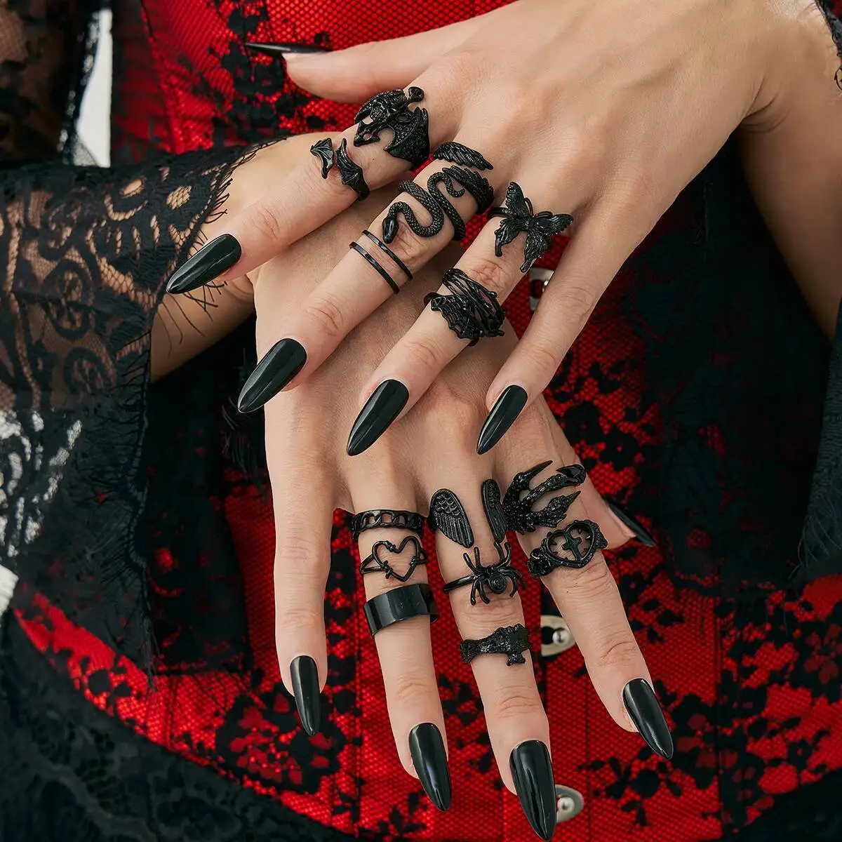 IngeSight.Z 16Pcs Gothic Creative Skull Butterfly Spider Ring Women Punk Geometric Black Color Metal Ring Halloween Jewelry Gift