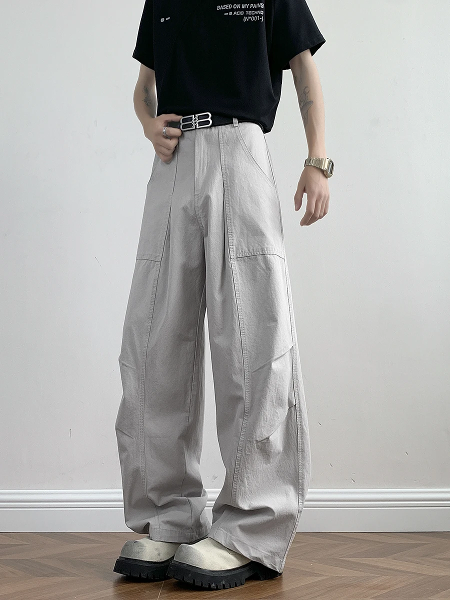 American Retro Pleated Casual Pants Men's Spring Autumn Large ket Pure Cotton Workwear Loose Wide Leg Straight Leg Trendy