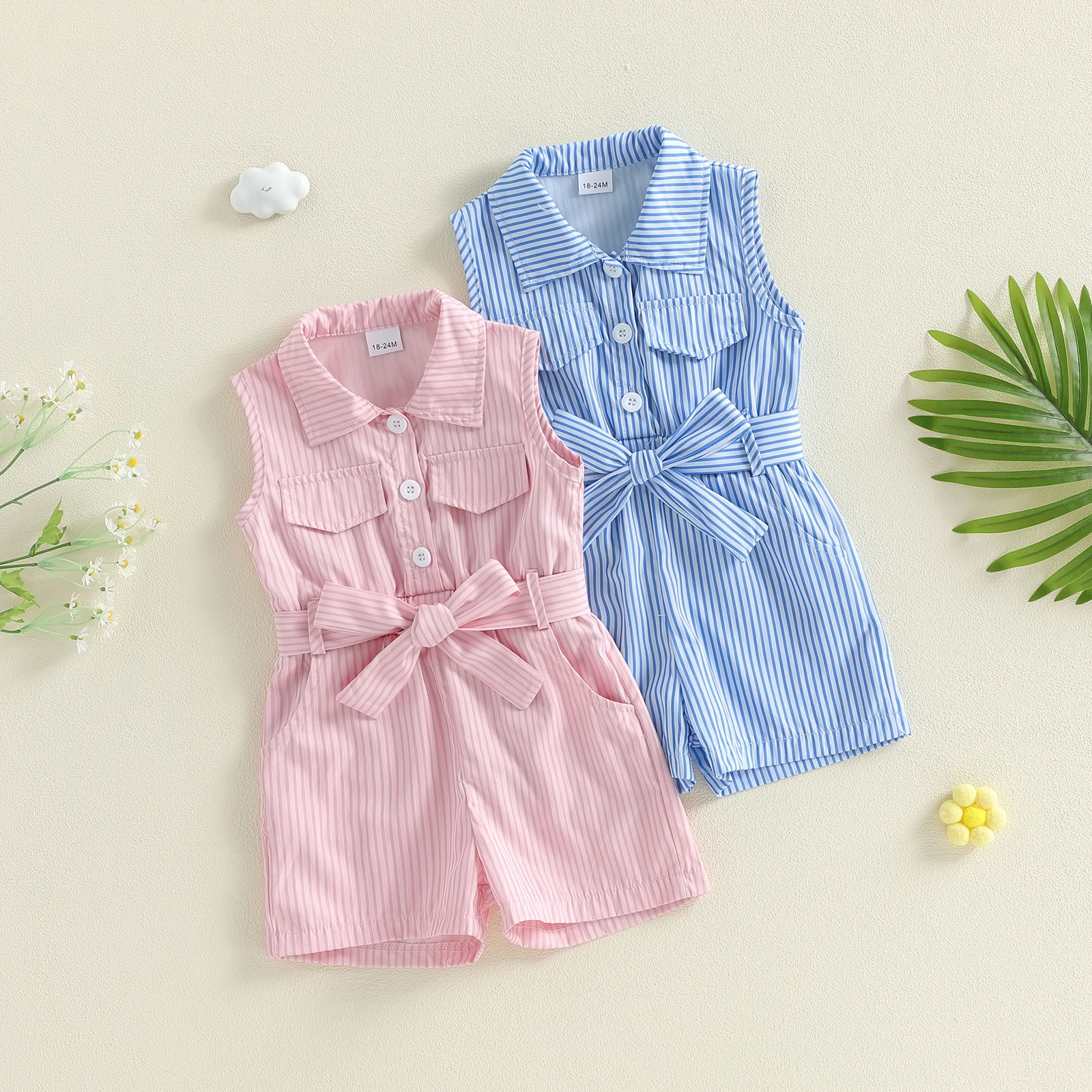 

Летний комбинезон для маленьких девочек, комбинезон без рукавов с воротником с лацканами и полосатым принтом, комбинезон с поясом, шорты, комбинезон для малышей