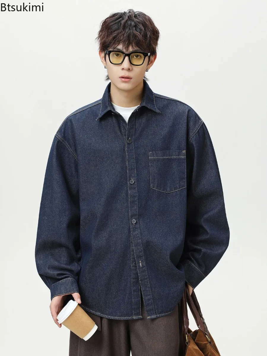 

2025 Autumn Cotton Denim Shirt Men Retro Japanese Style Harajuku Loose Casual Long-sleeved Shirt Coats Fashionable Streetwear