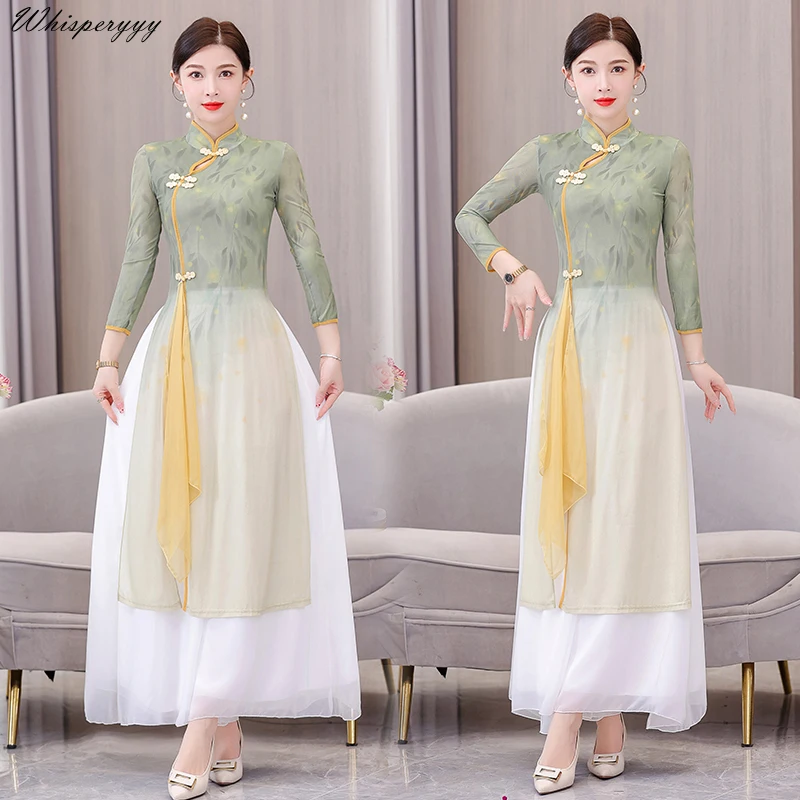 Chinese Style Gauze Dress Suit Classical Dance Dress 2024 New Improve Fashion Ao Dai Vietnam Traditional Dress Cheongsam Set