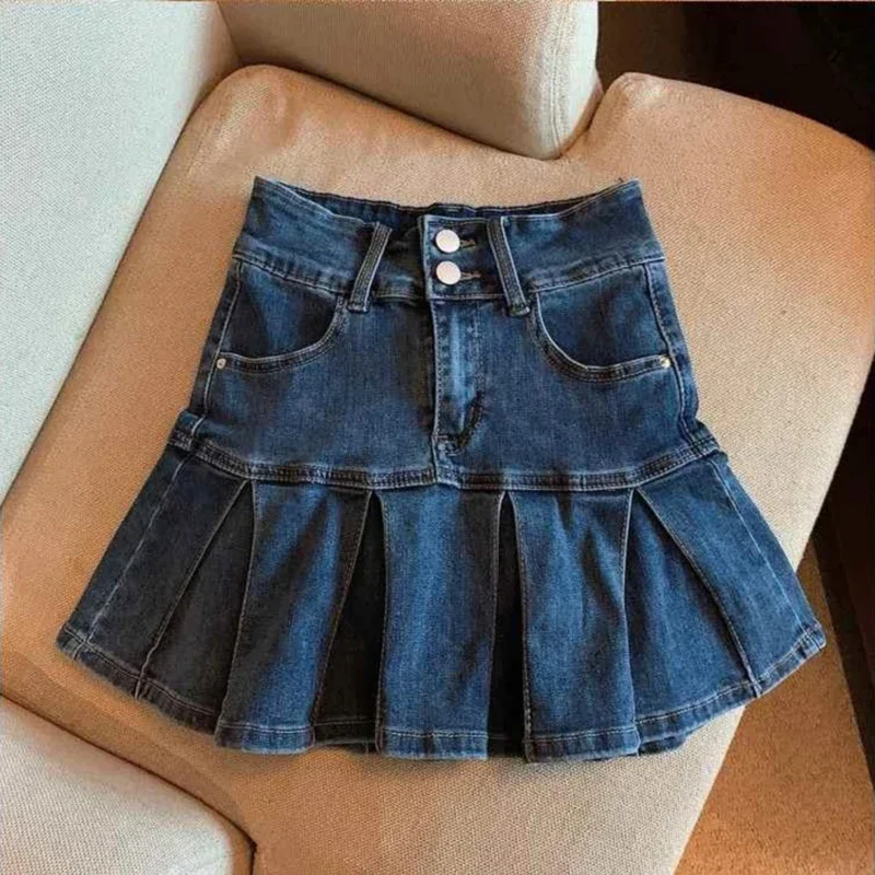 2023 Spring Autumn Girls Pleated Skirt Baby Denim Skirt Kids Skort Children Fashion Bottoms Ruched Soft 3-14Y Blue Skirt