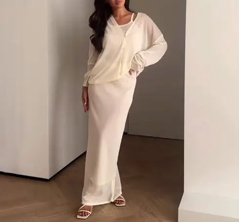 Autumn 2025 Solid Color Long Sleeved Button Up Jacket and Sleeveless Camisole Dress Set for Women's Elegant Slim Fit 2-Piece Set