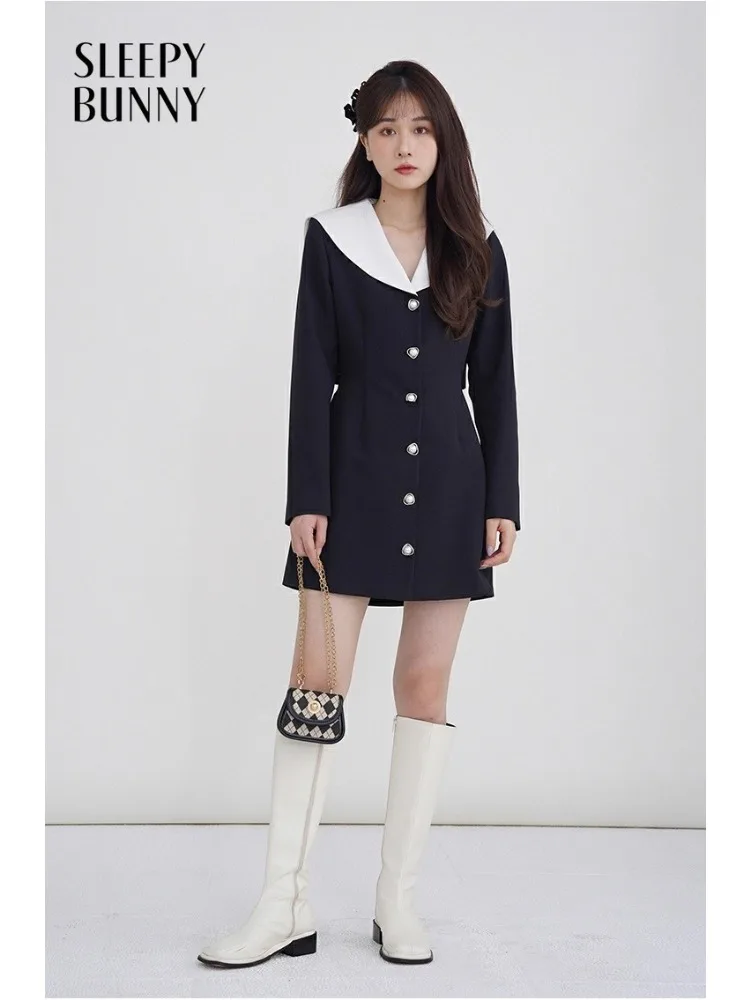 

Navy Collar Dress for Women Lady Long-Sleeve A-Line Dress Elegant Two-Layer Design Slim Fit Cute Preppy Outfit Autumn Daily Wear